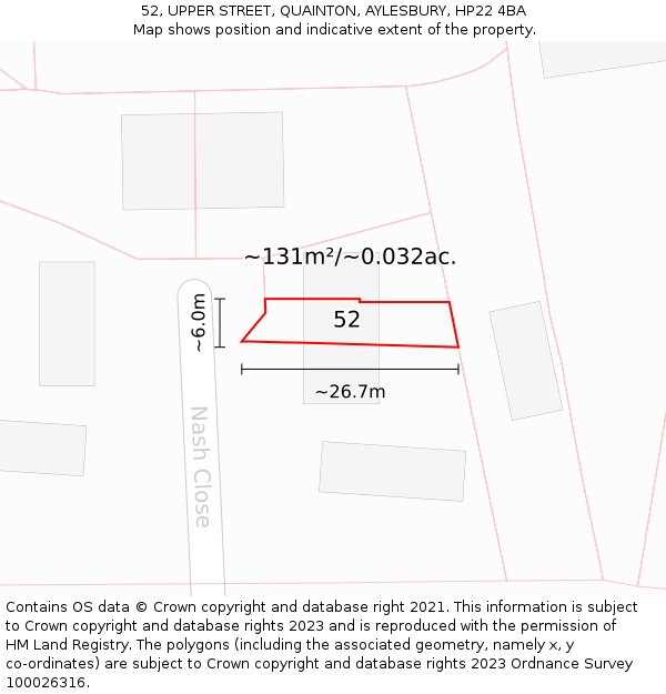 52, UPPER STREET, QUAINTON, AYLESBURY, HP22 4BA: Plot and title map