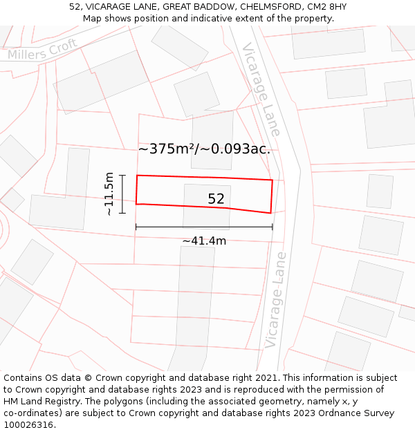 52, VICARAGE LANE, GREAT BADDOW, CHELMSFORD, CM2 8HY: Plot and title map