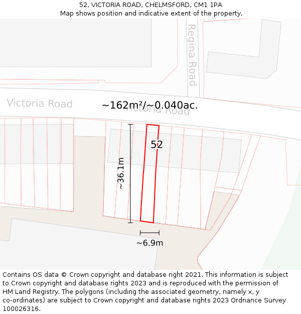 52, VICTORIA ROAD, CHELMSFORD, CM1 1PA: Plot and title map