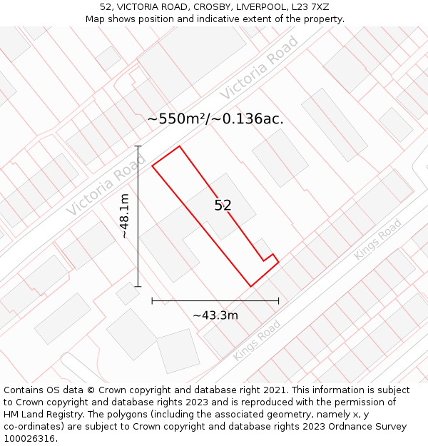 52, VICTORIA ROAD, CROSBY, LIVERPOOL, L23 7XZ: Plot and title map