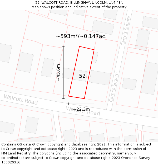 52, WALCOTT ROAD, BILLINGHAY, LINCOLN, LN4 4EN: Plot and title map
