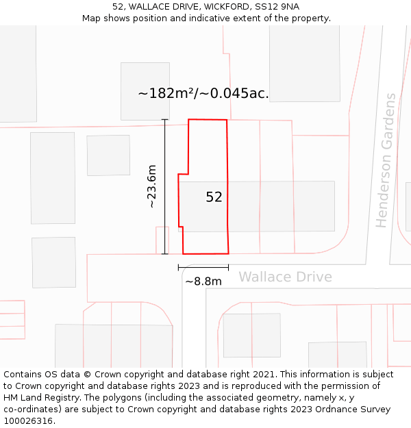 52, WALLACE DRIVE, WICKFORD, SS12 9NA: Plot and title map