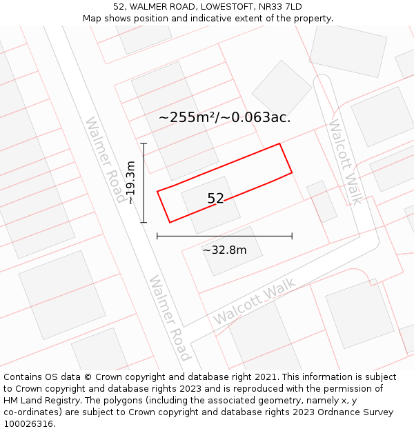 52, WALMER ROAD, LOWESTOFT, NR33 7LD: Plot and title map