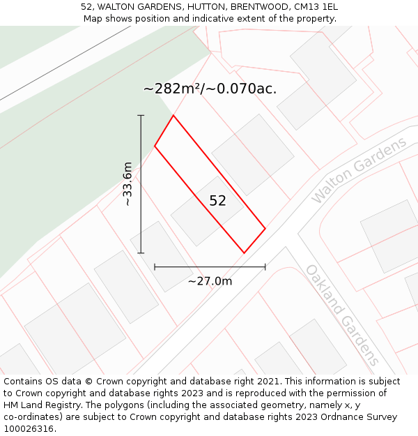 52, WALTON GARDENS, HUTTON, BRENTWOOD, CM13 1EL: Plot and title map