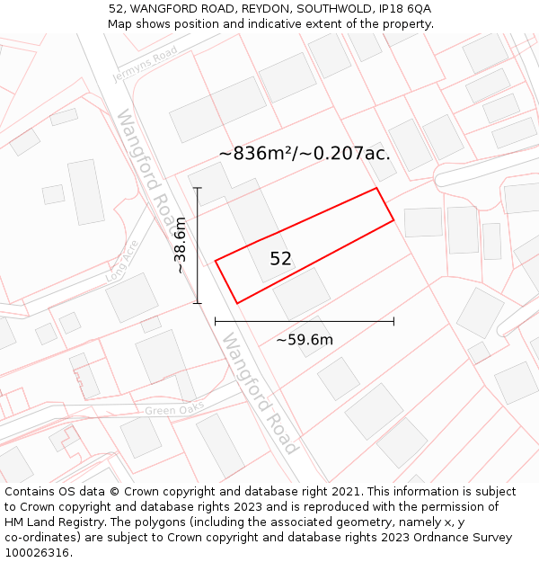 52, WANGFORD ROAD, REYDON, SOUTHWOLD, IP18 6QA: Plot and title map