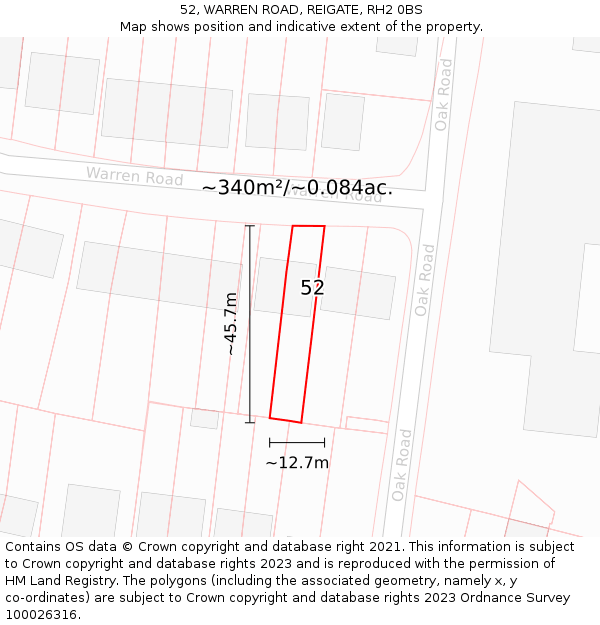52, WARREN ROAD, REIGATE, RH2 0BS: Plot and title map