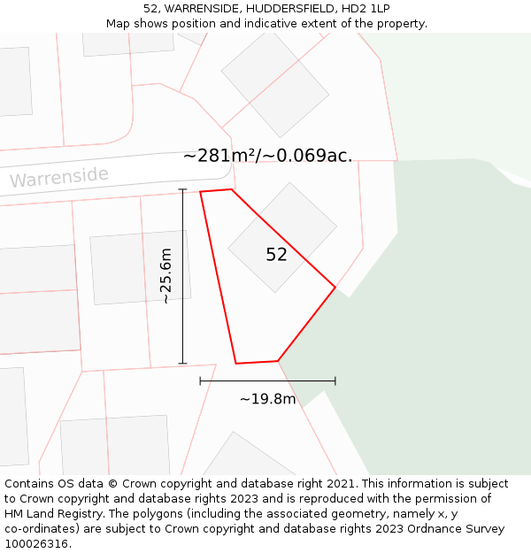 52, WARRENSIDE, HUDDERSFIELD, HD2 1LP: Plot and title map