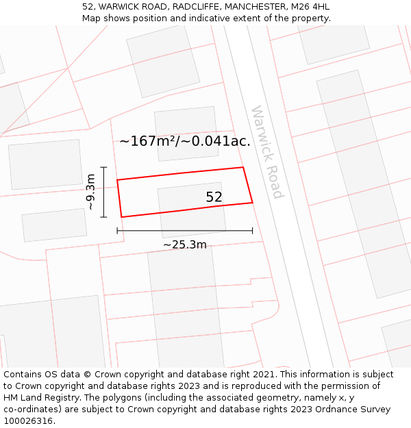 52, WARWICK ROAD, RADCLIFFE, MANCHESTER, M26 4HL: Plot and title map