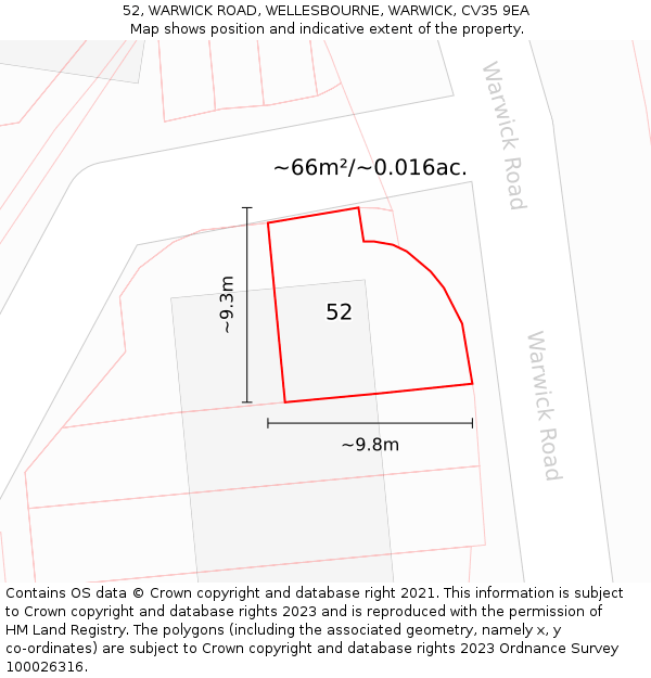 52, WARWICK ROAD, WELLESBOURNE, WARWICK, CV35 9EA: Plot and title map