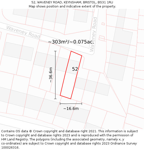52, WAVENEY ROAD, KEYNSHAM, BRISTOL, BS31 1RU: Plot and title map