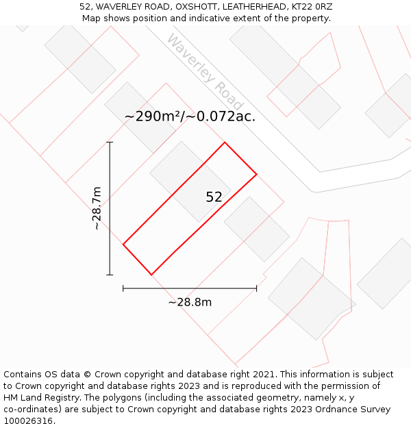 52, WAVERLEY ROAD, OXSHOTT, LEATHERHEAD, KT22 0RZ: Plot and title map