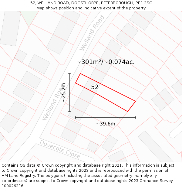 52, WELLAND ROAD, DOGSTHORPE, PETERBOROUGH, PE1 3SG: Plot and title map