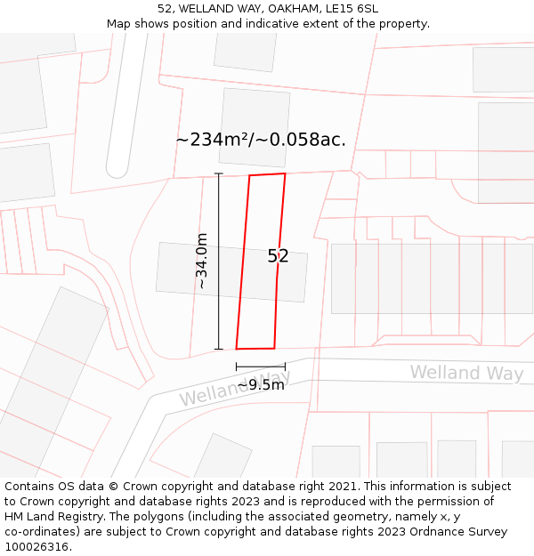 52, WELLAND WAY, OAKHAM, LE15 6SL: Plot and title map