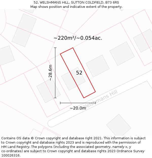 52, WELSHMANS HILL, SUTTON COLDFIELD, B73 6RS: Plot and title map