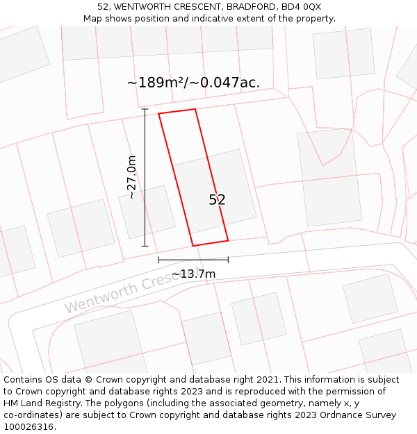52, WENTWORTH CRESCENT, BRADFORD, BD4 0QX: Plot and title map