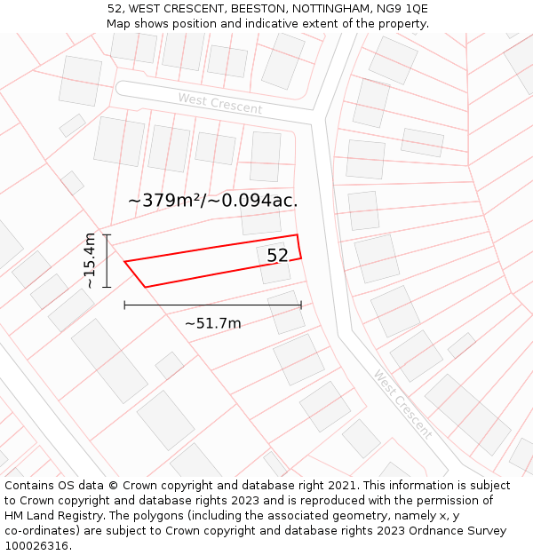 52, WEST CRESCENT, BEESTON, NOTTINGHAM, NG9 1QE: Plot and title map