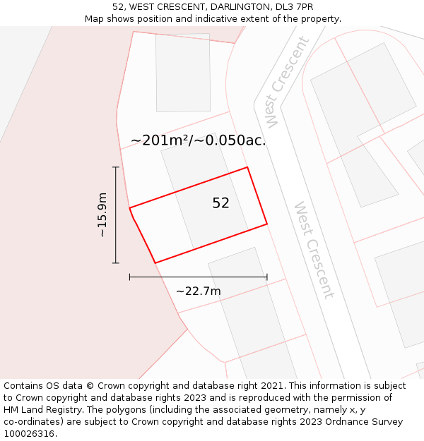 52, WEST CRESCENT, DARLINGTON, DL3 7PR: Plot and title map