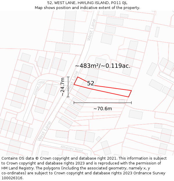 52, WEST LANE, HAYLING ISLAND, PO11 0JL: Plot and title map