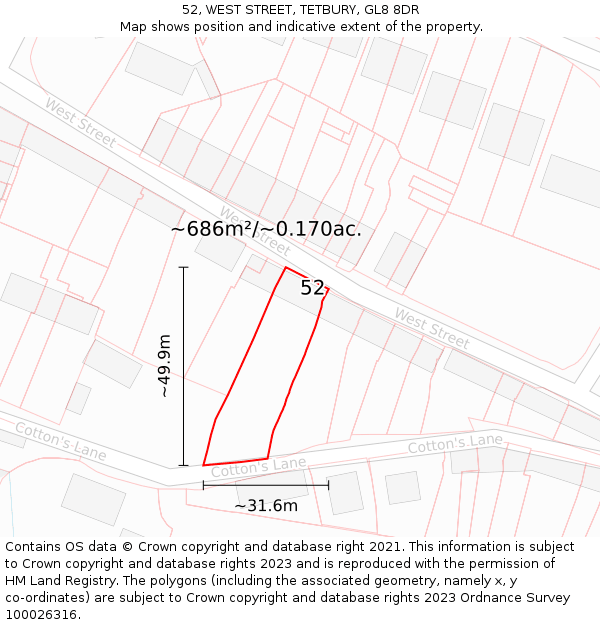 52, WEST STREET, TETBURY, GL8 8DR: Plot and title map