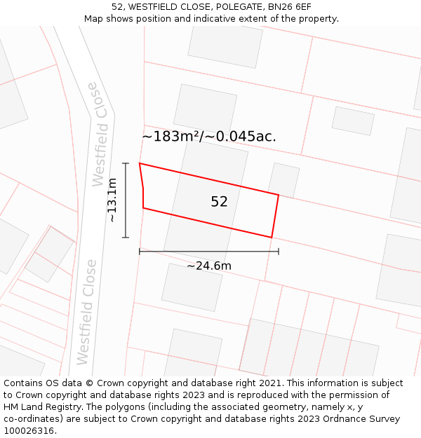 52, WESTFIELD CLOSE, POLEGATE, BN26 6EF: Plot and title map
