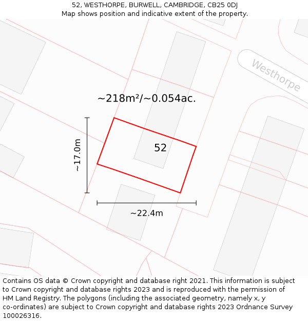 52, WESTHORPE, BURWELL, CAMBRIDGE, CB25 0DJ: Plot and title map