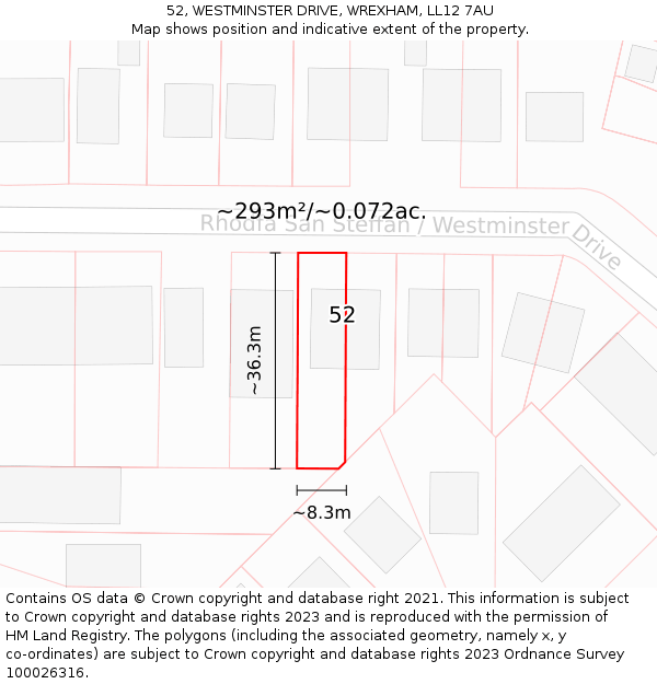 52, WESTMINSTER DRIVE, WREXHAM, LL12 7AU: Plot and title map