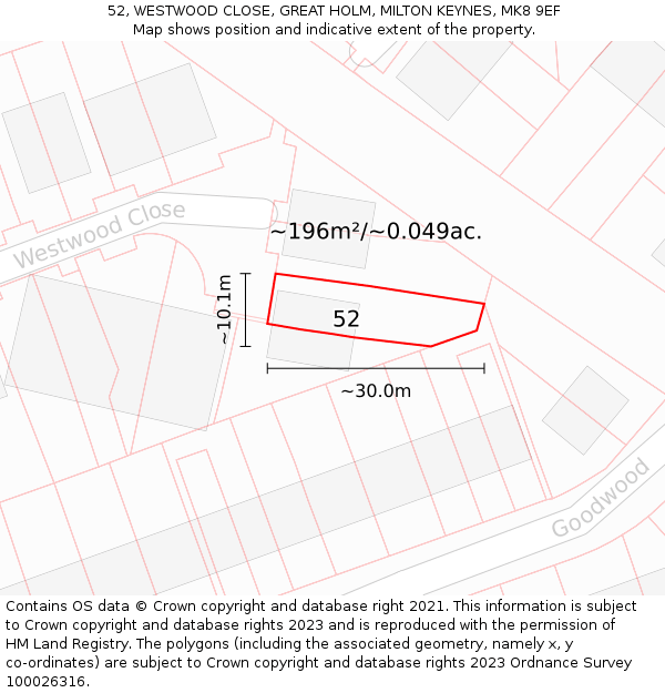 52, WESTWOOD CLOSE, GREAT HOLM, MILTON KEYNES, MK8 9EF: Plot and title map