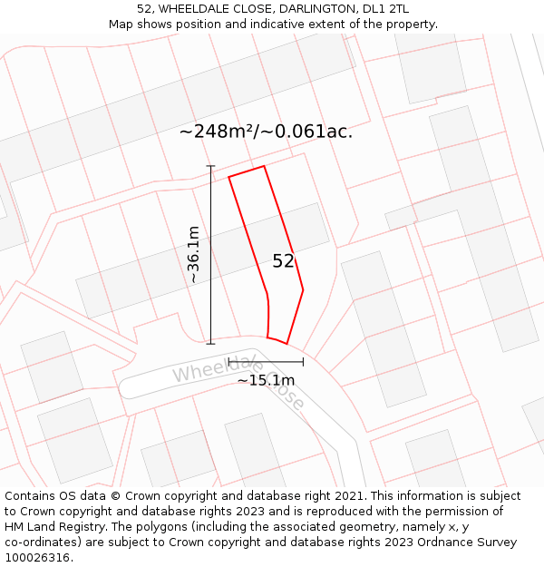 52, WHEELDALE CLOSE, DARLINGTON, DL1 2TL: Plot and title map