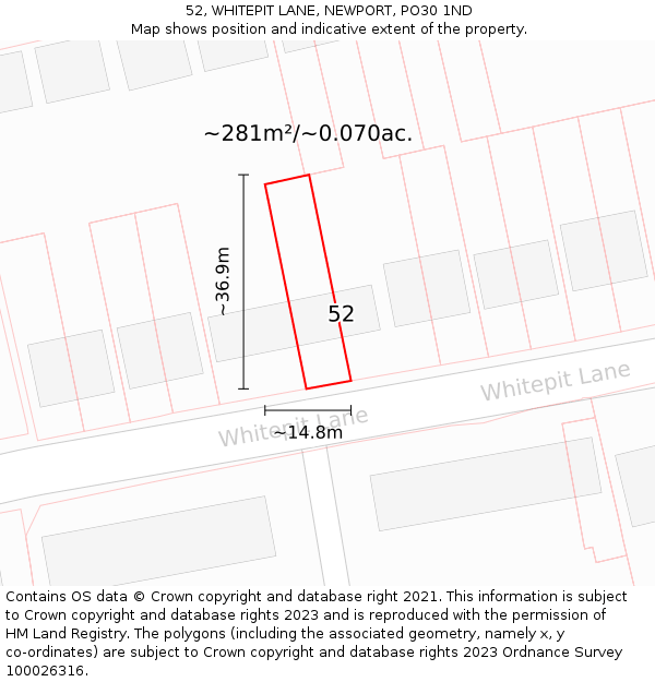 52, WHITEPIT LANE, NEWPORT, PO30 1ND: Plot and title map