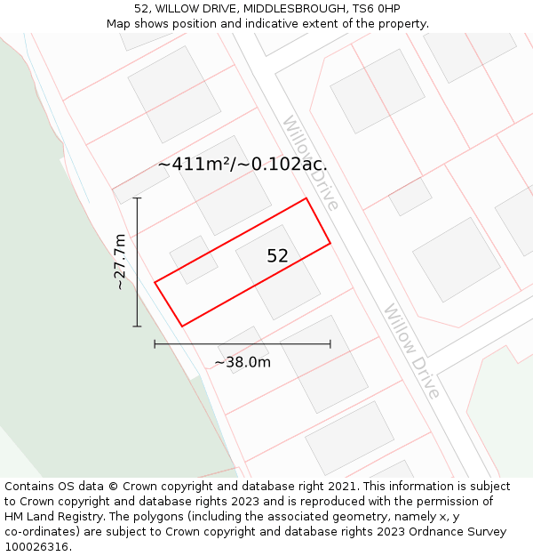 52, WILLOW DRIVE, MIDDLESBROUGH, TS6 0HP: Plot and title map