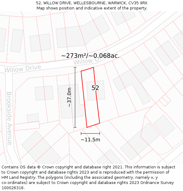 52, WILLOW DRIVE, WELLESBOURNE, WARWICK, CV35 9RX: Plot and title map