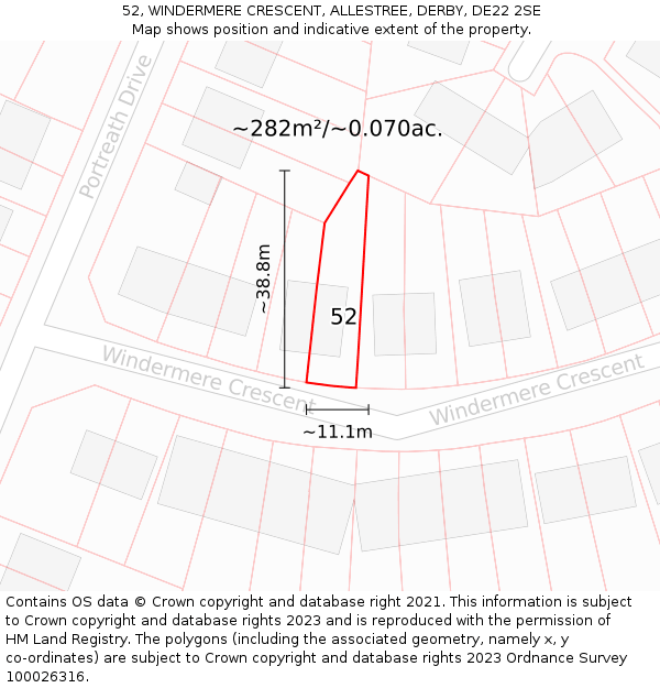 52, WINDERMERE CRESCENT, ALLESTREE, DERBY, DE22 2SE: Plot and title map
