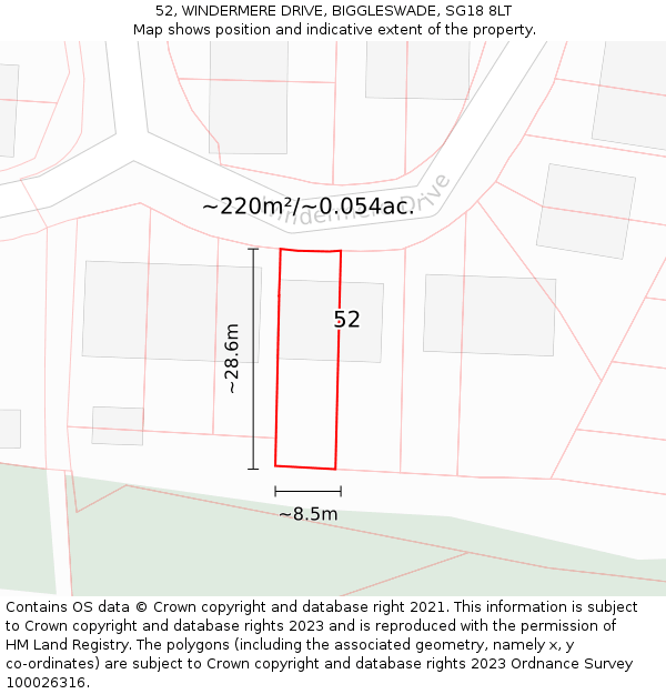 52, WINDERMERE DRIVE, BIGGLESWADE, SG18 8LT: Plot and title map