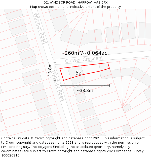 52, WINDSOR ROAD, HARROW, HA3 5PX: Plot and title map