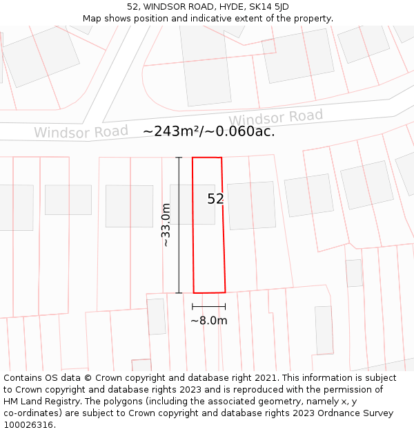 52, WINDSOR ROAD, HYDE, SK14 5JD: Plot and title map