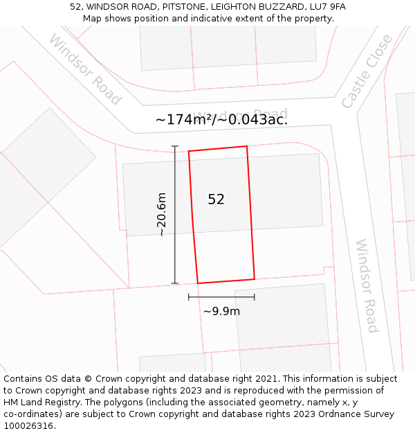 52, WINDSOR ROAD, PITSTONE, LEIGHTON BUZZARD, LU7 9FA: Plot and title map