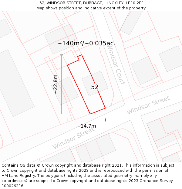 52, WINDSOR STREET, BURBAGE, HINCKLEY, LE10 2EF: Plot and title map