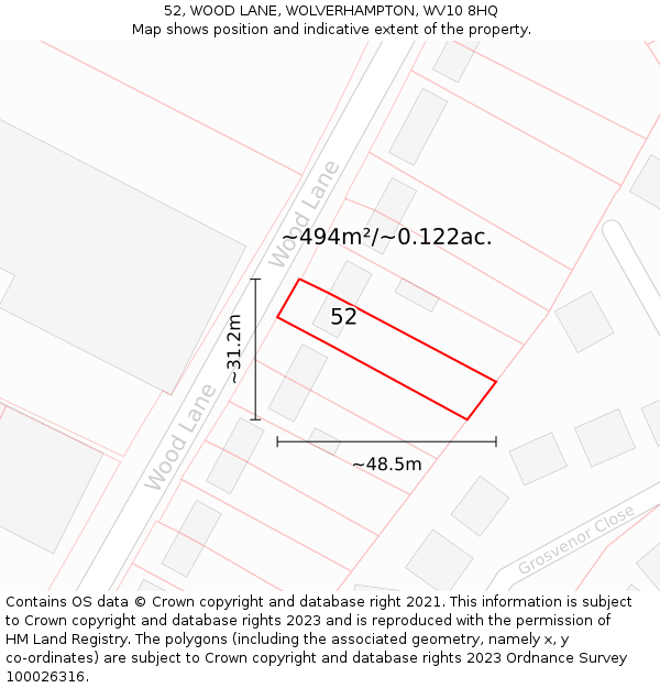 52, WOOD LANE, WOLVERHAMPTON, WV10 8HQ: Plot and title map