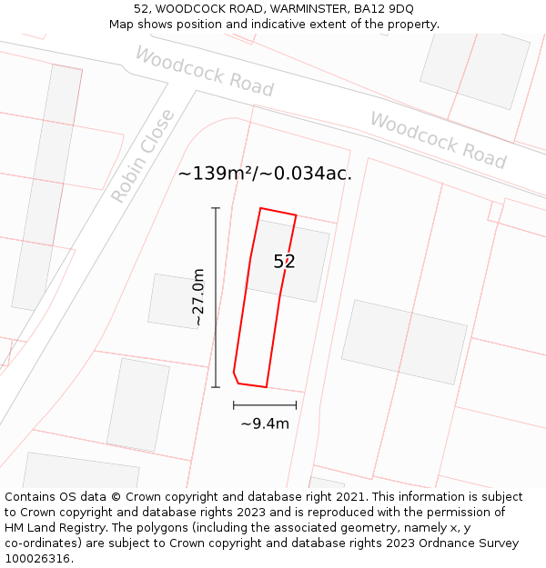 52, WOODCOCK ROAD, WARMINSTER, BA12 9DQ: Plot and title map