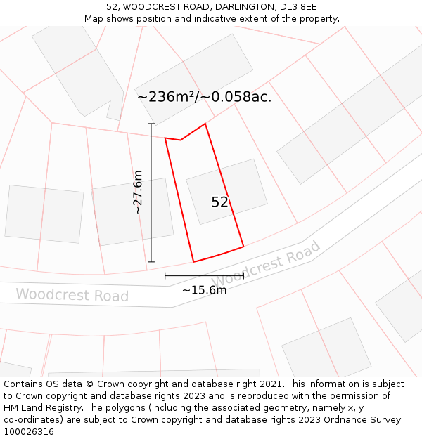 52, WOODCREST ROAD, DARLINGTON, DL3 8EE: Plot and title map