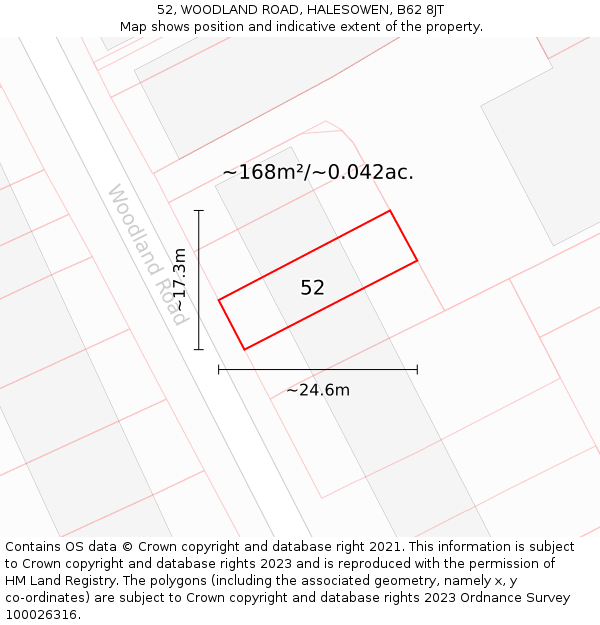 52, WOODLAND ROAD, HALESOWEN, B62 8JT: Plot and title map