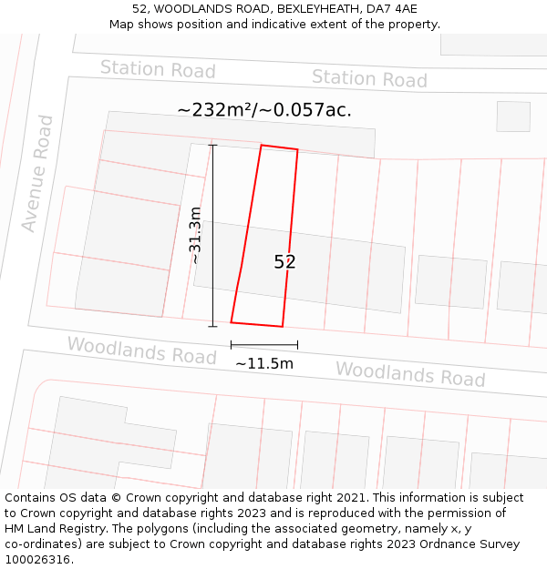 52, WOODLANDS ROAD, BEXLEYHEATH, DA7 4AE: Plot and title map