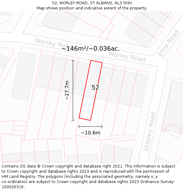 52, WORLEY ROAD, ST ALBANS, AL3 5NN: Plot and title map