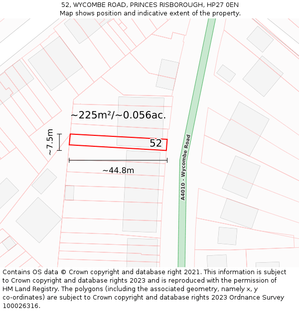 52, WYCOMBE ROAD, PRINCES RISBOROUGH, HP27 0EN: Plot and title map