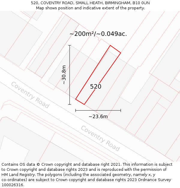 520, COVENTRY ROAD, SMALL HEATH, BIRMINGHAM, B10 0UN: Plot and title map