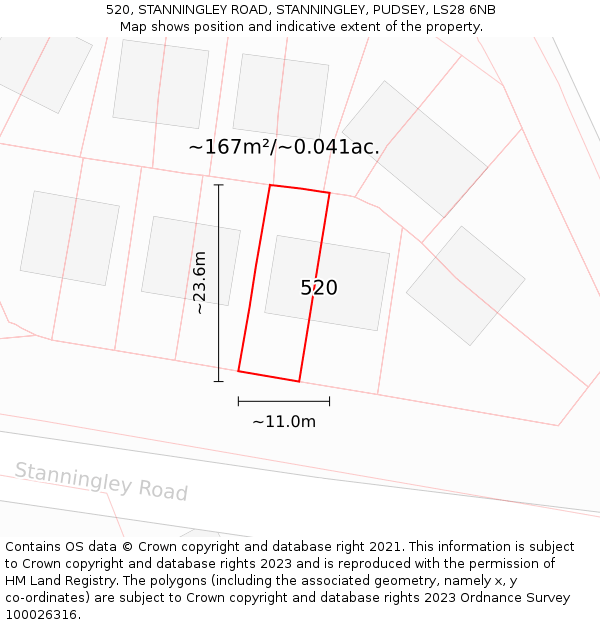 520, STANNINGLEY ROAD, STANNINGLEY, PUDSEY, LS28 6NB: Plot and title map