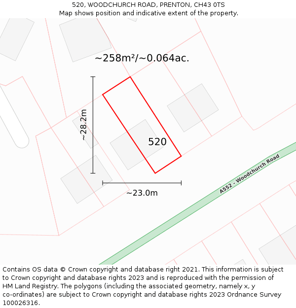 520, WOODCHURCH ROAD, PRENTON, CH43 0TS: Plot and title map