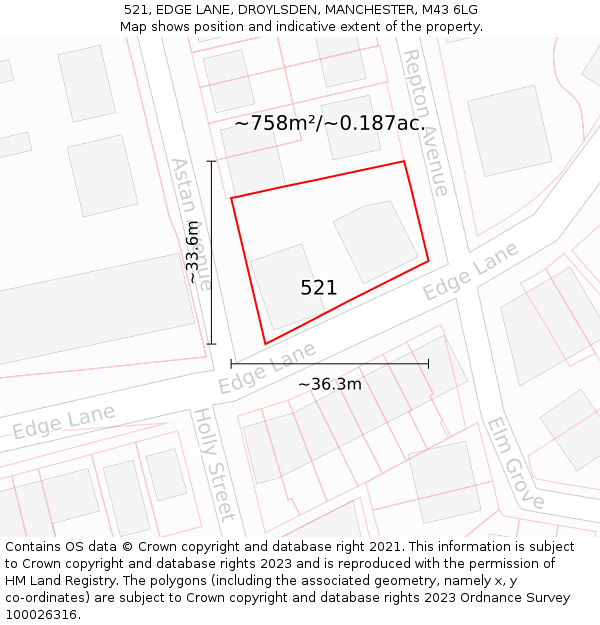 521, EDGE LANE, DROYLSDEN, MANCHESTER, M43 6LG: Plot and title map