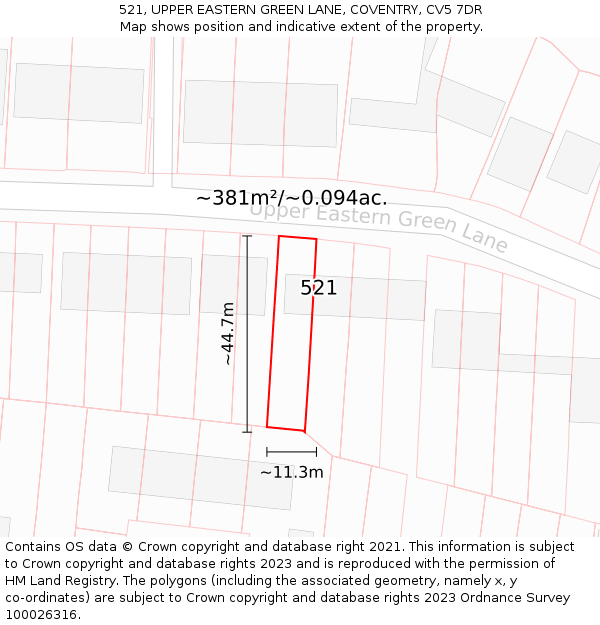 521, UPPER EASTERN GREEN LANE, COVENTRY, CV5 7DR: Plot and title map