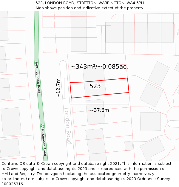 523, LONDON ROAD, STRETTON, WARRINGTON, WA4 5PH: Plot and title map